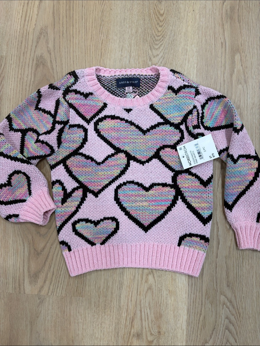 Andy & Evan Pink Sweater with Multicolor Heart Pattern